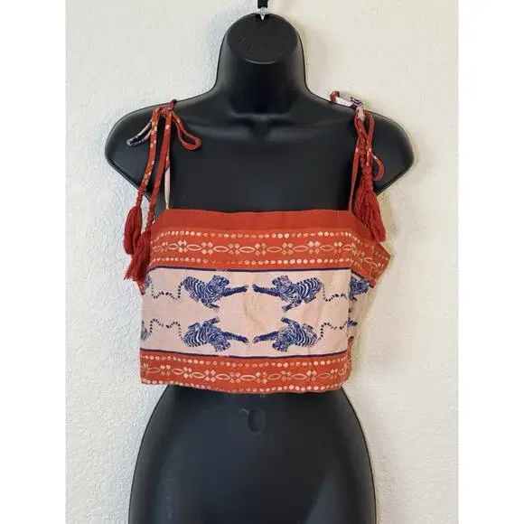 Caroline Constas Linen Blend Orange Blue Crop Top Tiger Print Medium - Picture 4 of 9
